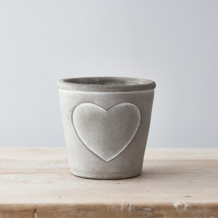 Cement Pot White Heart Outline, 9.5cm