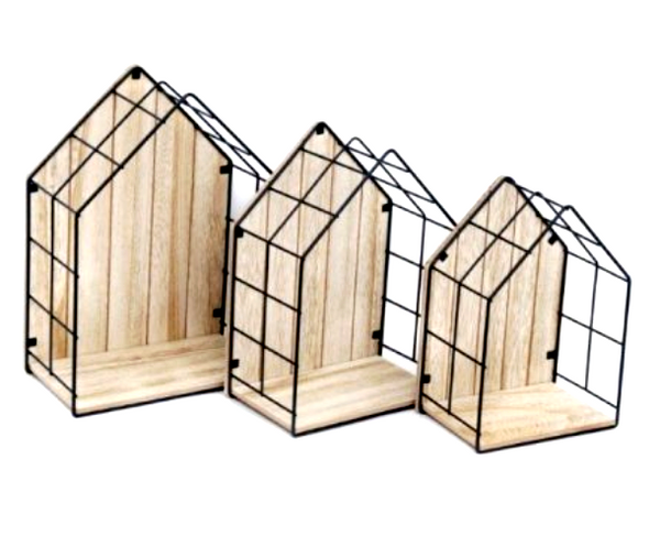 Wood & Wire House Shaped Display Units, Set Of 3
